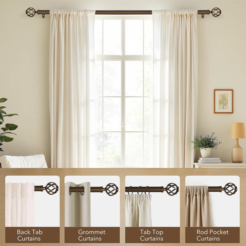 Curtain Rods for Windows 28 to 48, 1 Inch Adjustable Decorative Bronze Curtain Rod, Modern Heavy Duty Drapery Rods with Twisted Cage End, Telescoping Splicing Structure, Size 32"-60"