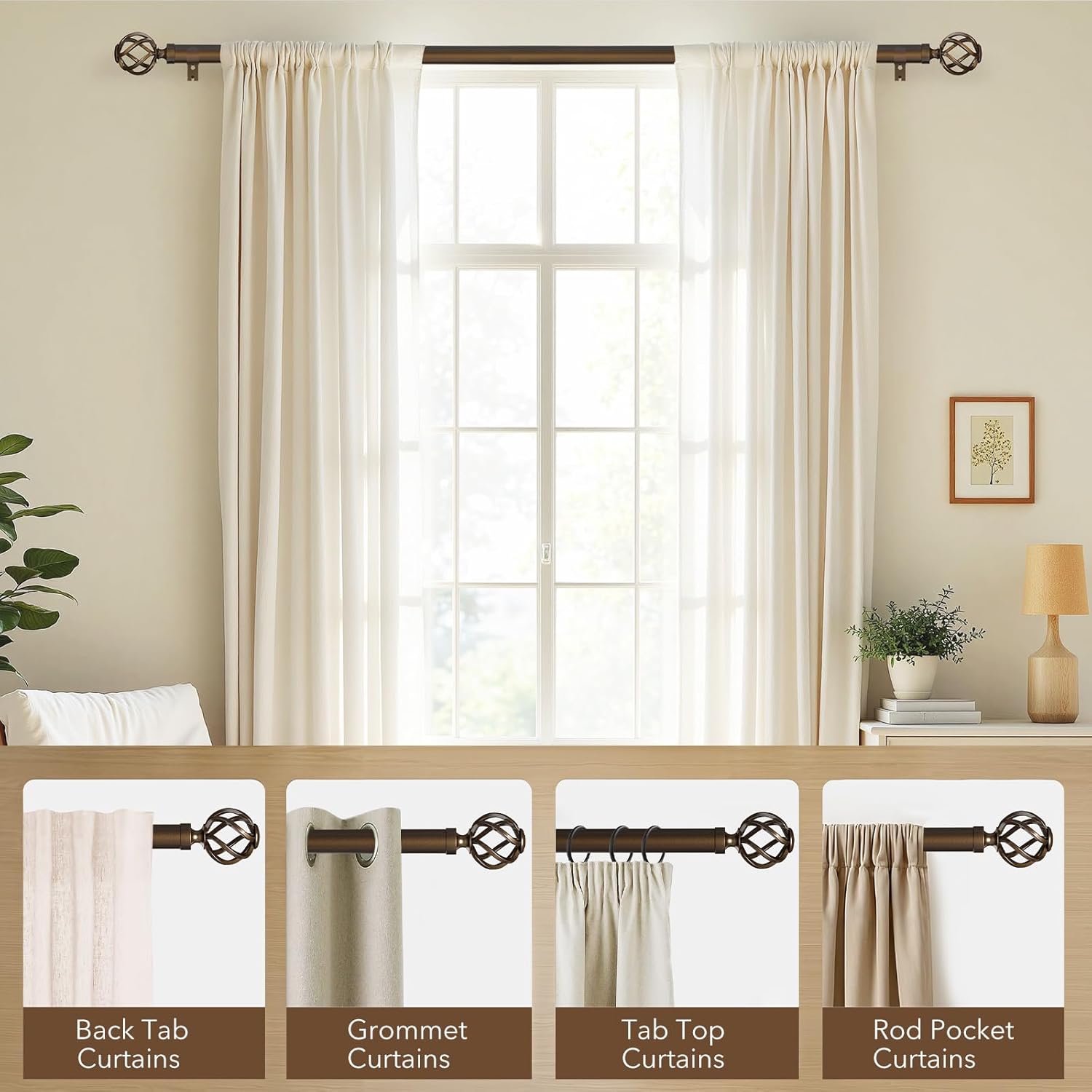 Curtain Rods for Windows 28 to 48, 1 Inch Adjustable Decorative Bronze Curtain Rod, Modern Heavy Duty Drapery Rods with Twisted Cage End, Telescoping Splicing Structure, Size 32"-60"