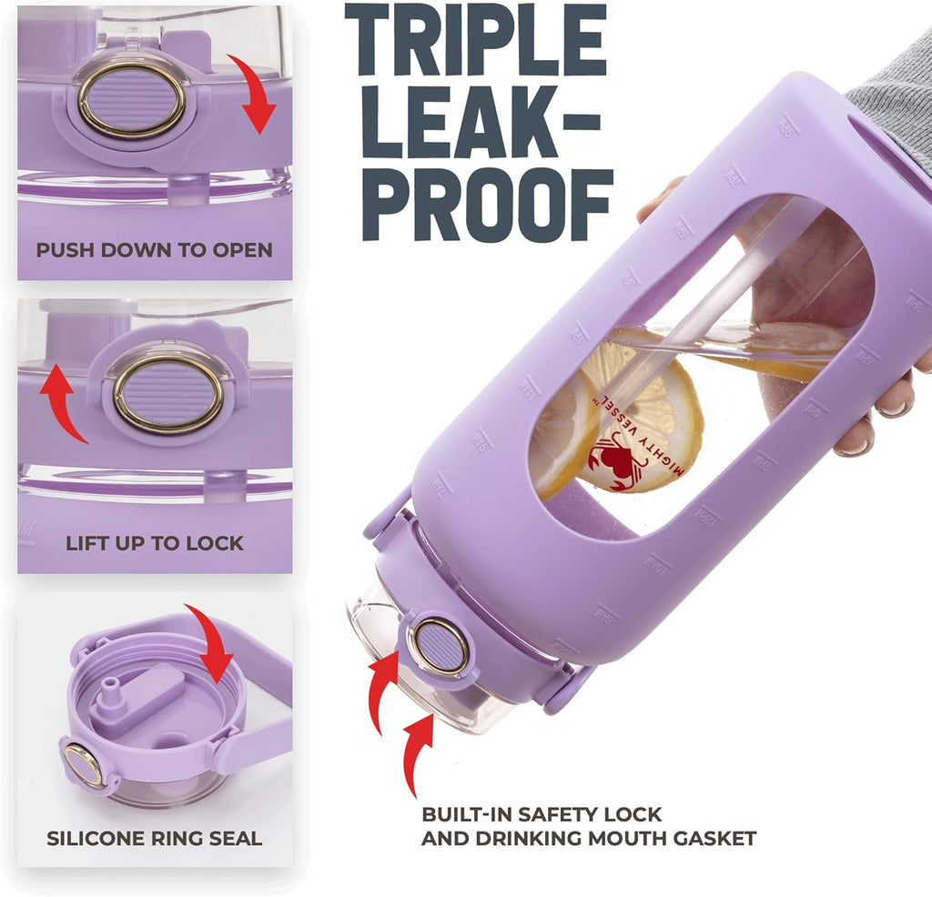 64 oz Glass Water Bottle – Lavender | Leakproof Half Gallon Glass Jug with Straw, Silicone Sleeve & Time Marker – Travel, Gym, Pregnancy, Daily Water Goals