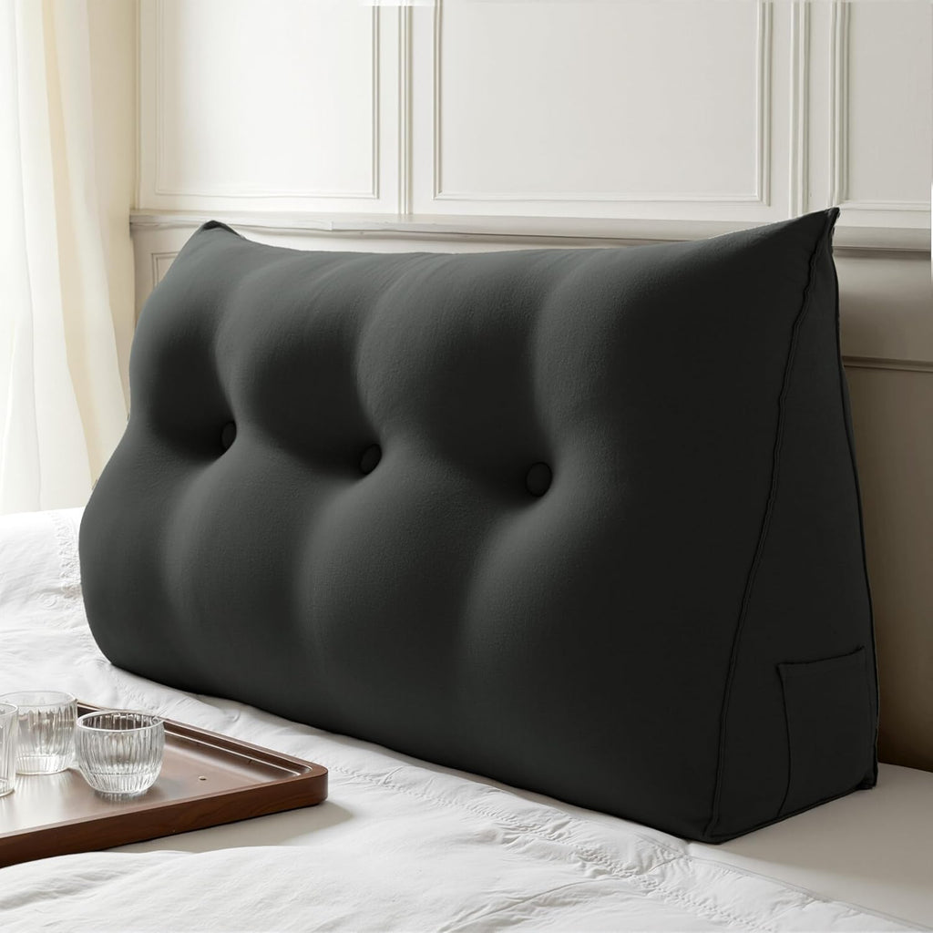 WOWMAX 85% Linen 15% Cotton Blend Headboard Pillow – Twin Size Reading Wedge Backrest for Bed, Handmade Firm Support Bolster Cushion with Removable Cover, Premium Bed Rest Pillow, Black