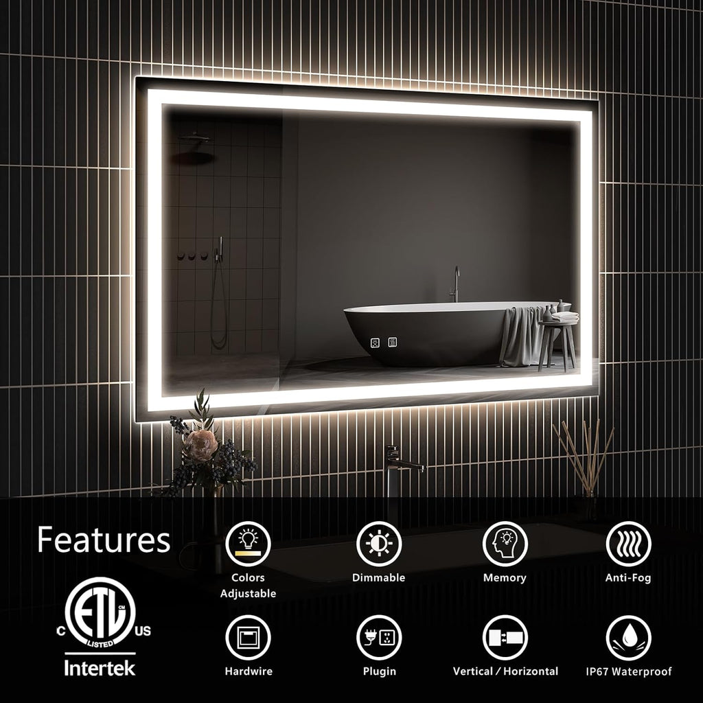 APRILSOUL 48x30 Inch LED Bathroom Mirror with Front and Backlit, Makeup Mirror with 3 Color Lights, Memory Function, Anti-Fog and Dimmable Light (Horizontal)