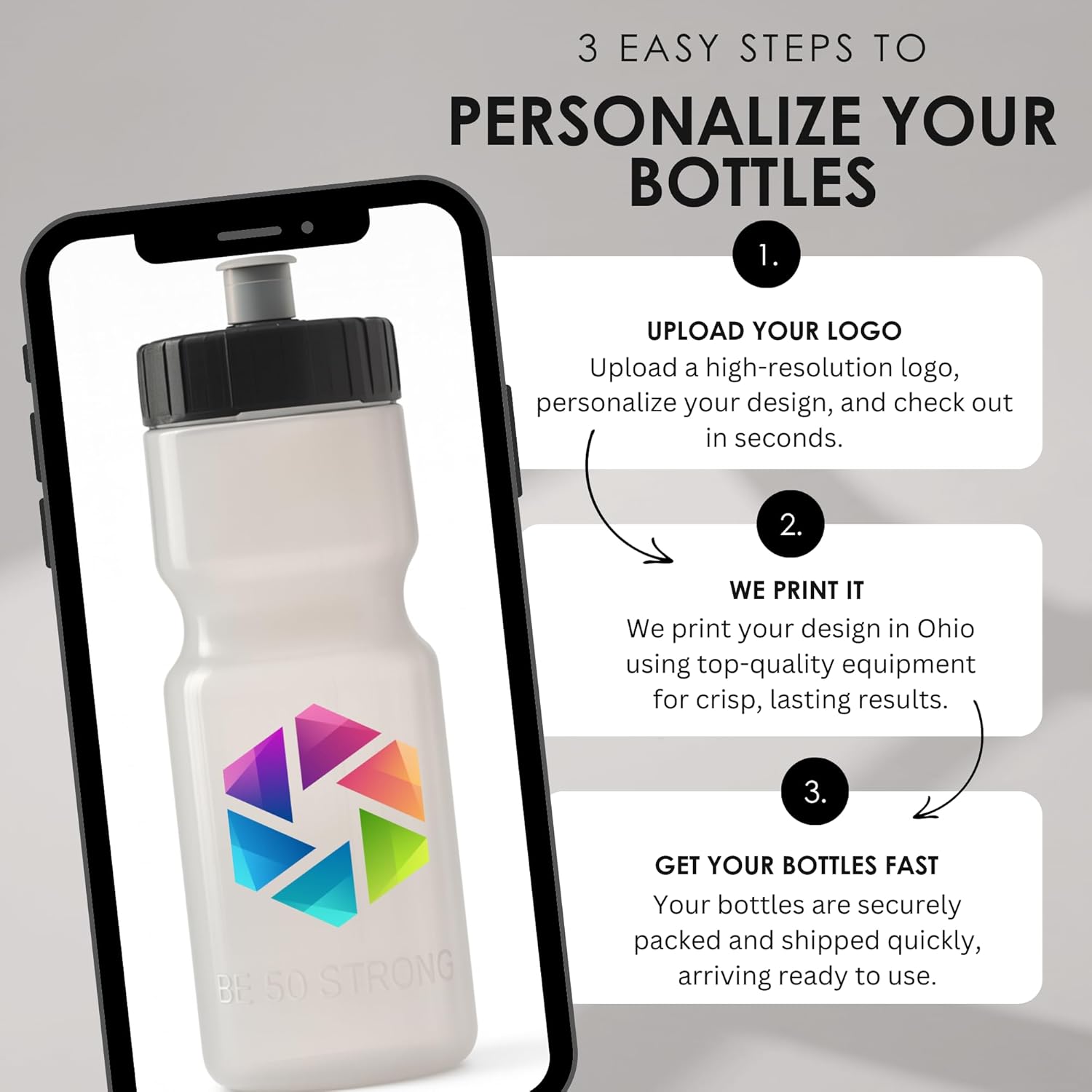 50 Strong Sports Water Bottles – Reusable 22 oz BPA-Free Plastic Bottles with Pull Top Cap – Made in USA – Top Rack Dishwasher Safe – Fits Most Bike Cages Brand