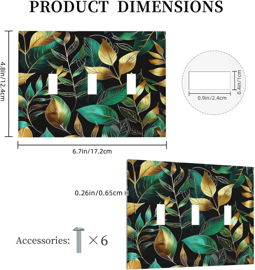 Decorative Switch Plates Vintage Dark Green Vine Leaf Golden Plants 3 Gang Wall Plate Triple Toggle Light Switch Cover Faceplate Electrical Wall Panels for Bed Room Cabin Decor