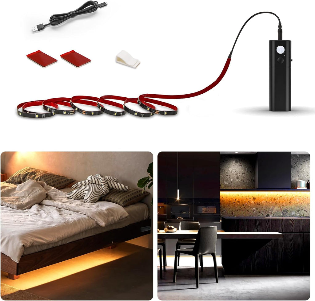 WOBANE Motion Activated LED Strip Light, Rechargeable Magnetic Battery Box with 6.56ft LED Strip,60 LEDs Homelife Sensor Bar for Wardrobe,Stair,Pantry,Counter,Cabinet,Bed,Door,2700K Warmwhite,Black
