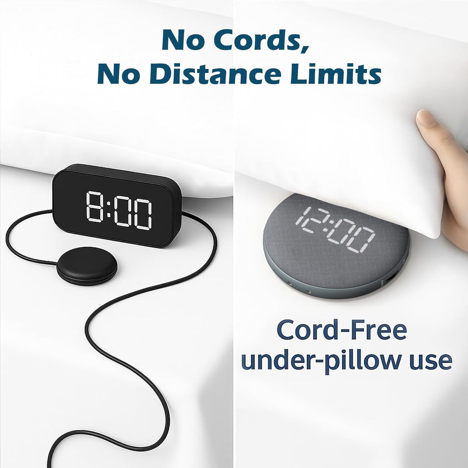 REACHER Super Loud Alarm Clock for Heavy Sleepers Adults Teens, Vibrating Alarm Clock Bed Shaker Under Pillow, Rechargeable Battery Powered for Travel, Auto-Dim, Portable