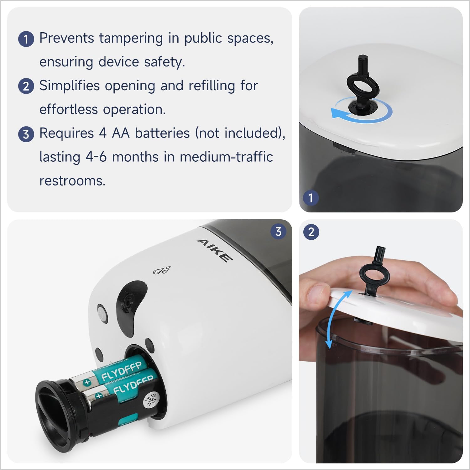 AIKE Wall Mount Automatic Soap Dispenser for Liquid Soap Battery Operated White, Model AK1216