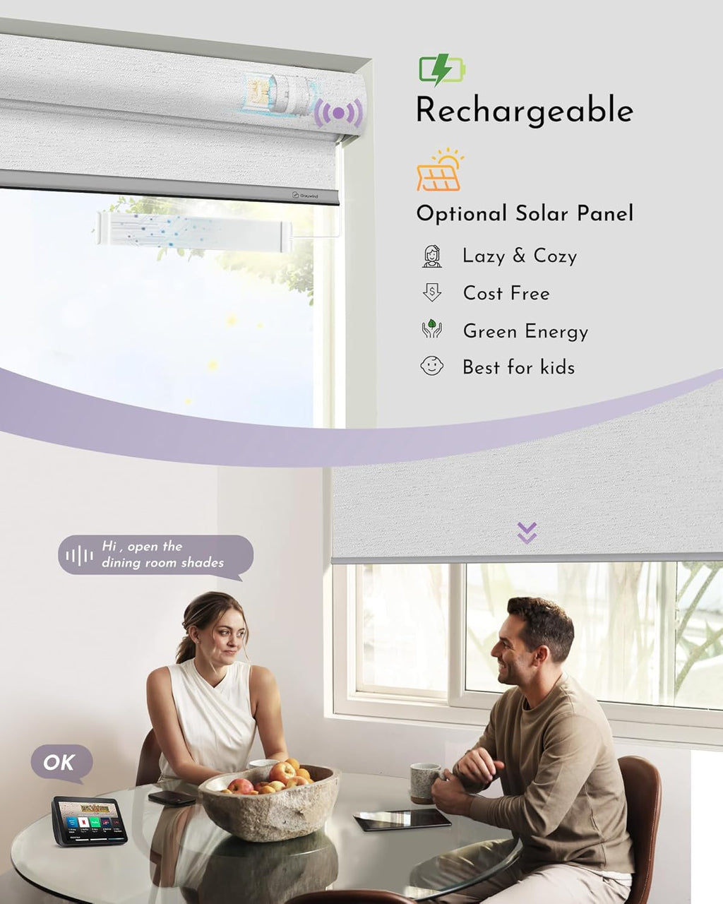 Graywind Smart Blackout Roller Shades Compatible with Alexa Google Textured Gleaming Fabric Rechargeable Motorized Blinds Cordless Remote Control Window Shades, Custom Size (Striped White)