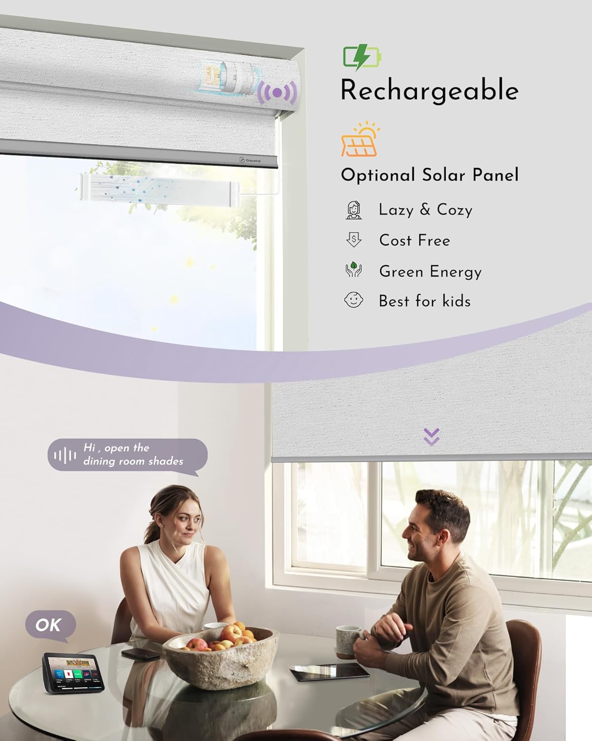 Graywind Smart Blackout Roller Shades Compatible with Alexa Google Textured Gleaming Fabric Rechargeable Motorized Blinds Cordless Remote Control Window Shades, Custom Size (Striped White)