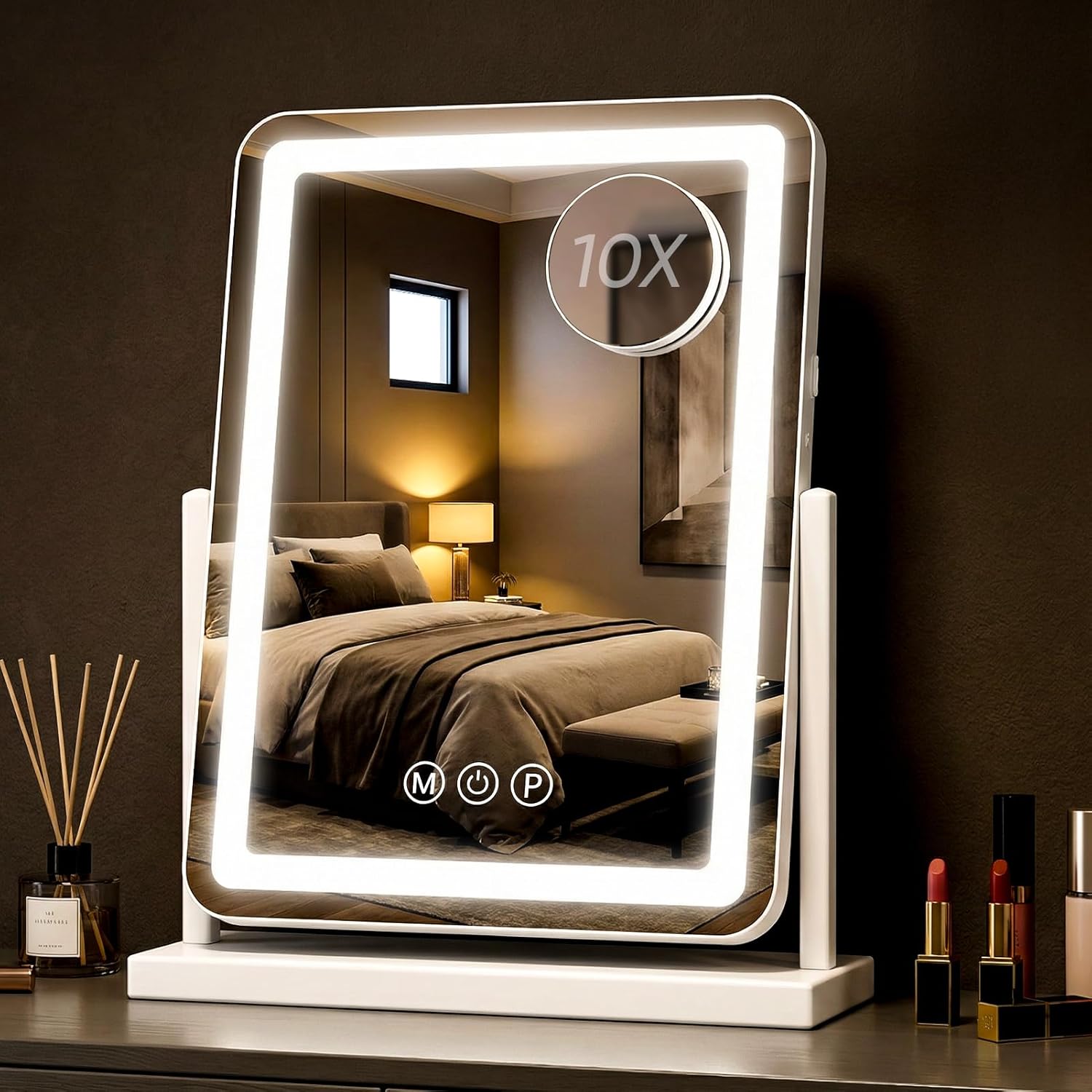 Antok Vanity Mirror with Lights, 13"X18" Lighted Makeup Mirror, Smart Touch, 3 Color Modes and Brightness Adjustable, LED Vanity Mirror with Detachable 10X Magnification, 360° Rotation for Makeup Desk