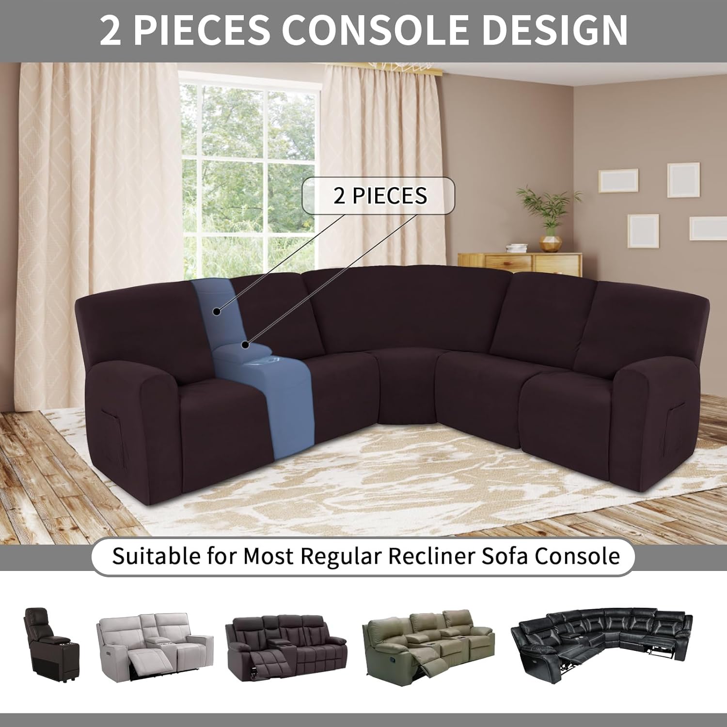 Easy-Going 100% Waterproof Recliner Console Cover, Stretch Middle Console Couch Covers for Reclining Sofas, Sectional L-Shape Furniture Protector for Kids & Pets, 1 Console Cover, Chocolate