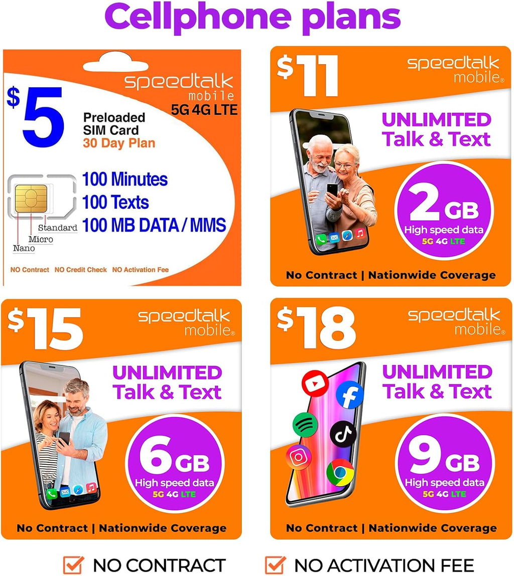 SpeedTalk Mobile SIM Card Starter Kit, Smartphone Cell Phone, GPS Tracker and IoT, Plan Starting at $5 Prepaid, Data, Talk and Text, High Speed 5G 4G LTE, Android iOS, USA, 3 in 1 SIM Kit