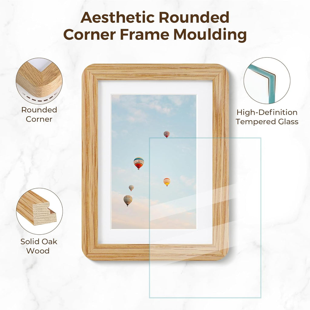 Solid Oak Wood 12x16 Picture Frame, Farmhouse 12 x 16 Wooden Frames, 12x16 Frame Matted to 8.5x11, Tempered Real Glass, 12"x16" Frames Minimalist Art Frame for Home Deocr, Natural Oak Color, 1 Pack