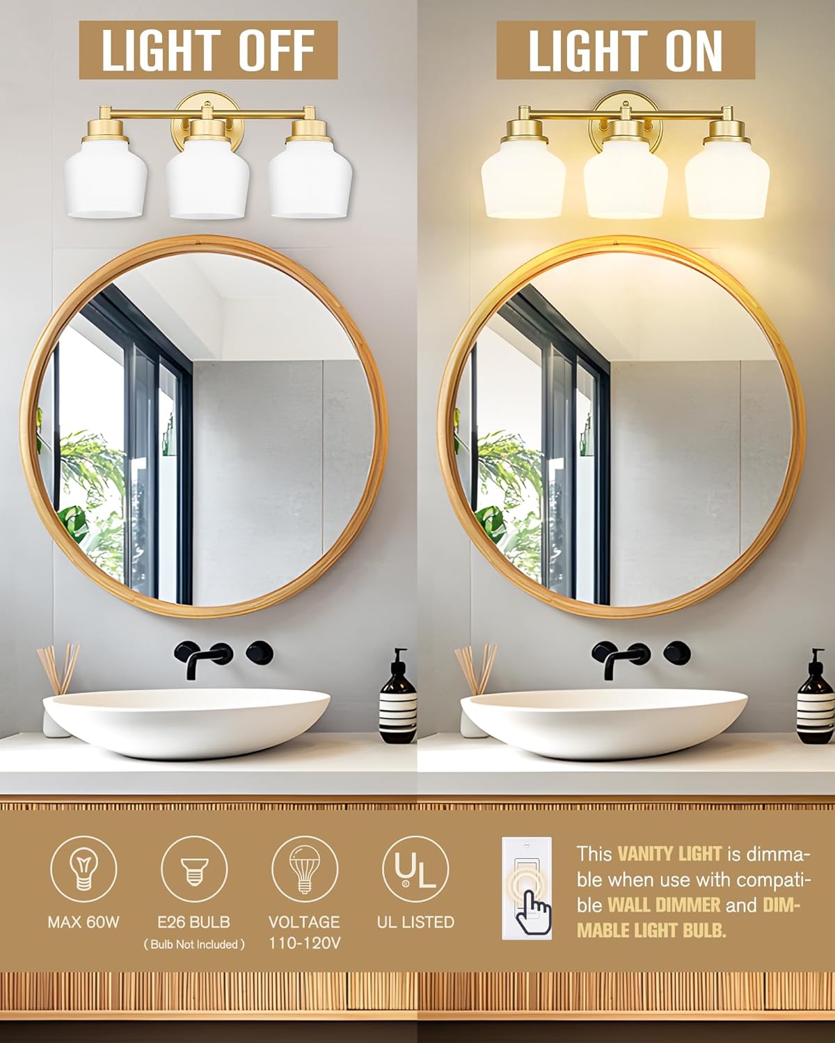 Emak Gold Vanity Light with Milk Glass Shade, Modern Bathroom Light Fixtures Over Mirror, 3-Light Bathroom Vanity Lights for Mirror, Bath, VL122-GD-ML-3