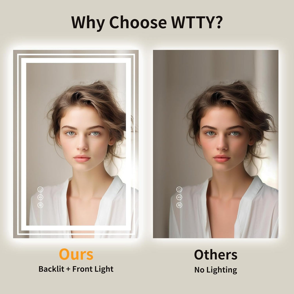 WTTY LED Bathroom Mirror with Backlit and Front Light,24"x36",Dimmable LED Mirror for Bathroom,Anti-Fog Lighted Bathroom Vanity Mirror Modern for Wall,Memory Function,Shatter-Proof