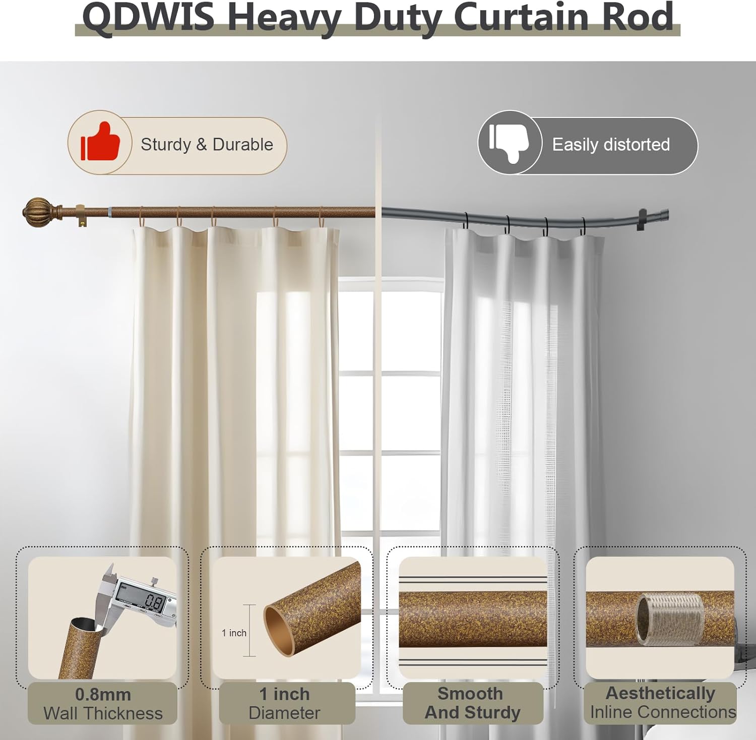 Antiqued Bronze Curtain Rods for Windows 72 to 144 Inch, 1'' Adjustable Heavy Duty Curtain Rod，Vintage Decorative Drapery Rods with Pumpkin Finials for Bedroom Living Room