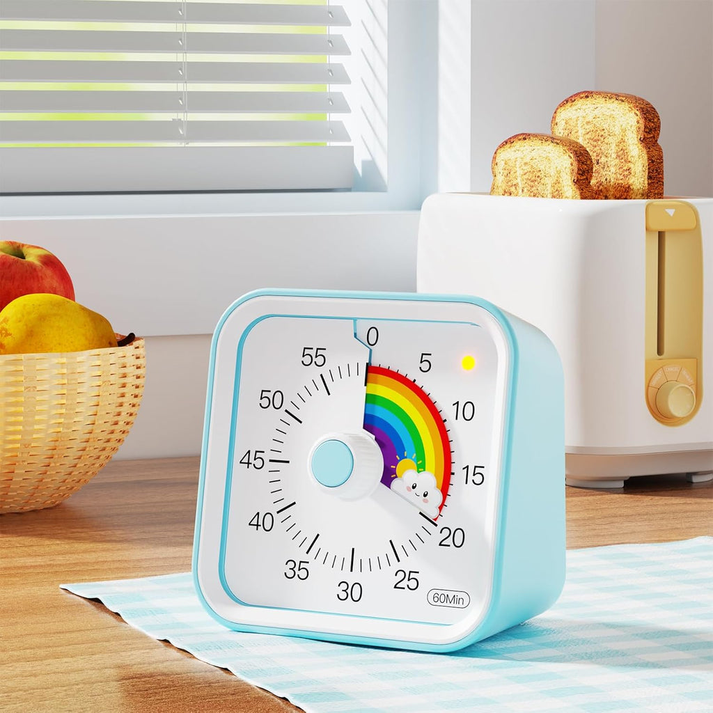 Visual Timer for Kids with Pause Function, Cute Silent Timer with Rainbow for Classroom, Teaching, Task, Kitchen, 60 Minute Countdown Time Management for ADHD (Rainbow Blue)