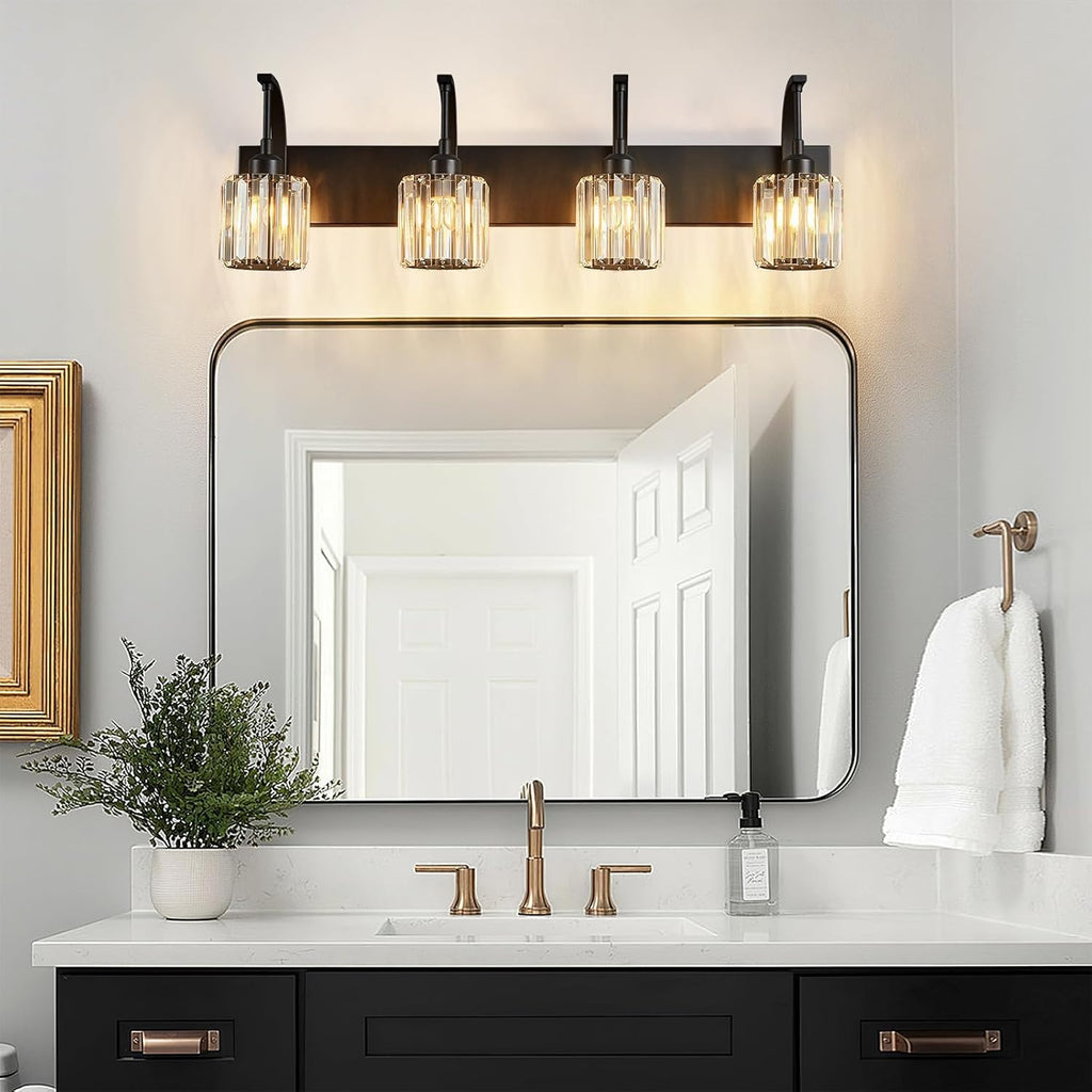 4-Light Crystal Vanity Light, Modern Black Bathroom Wall Sconce with K9 Crystal Shades, 32.67" Long Over Mirror Lighting for Vanity, Makeup, Hallway, Elegant & Easy Install