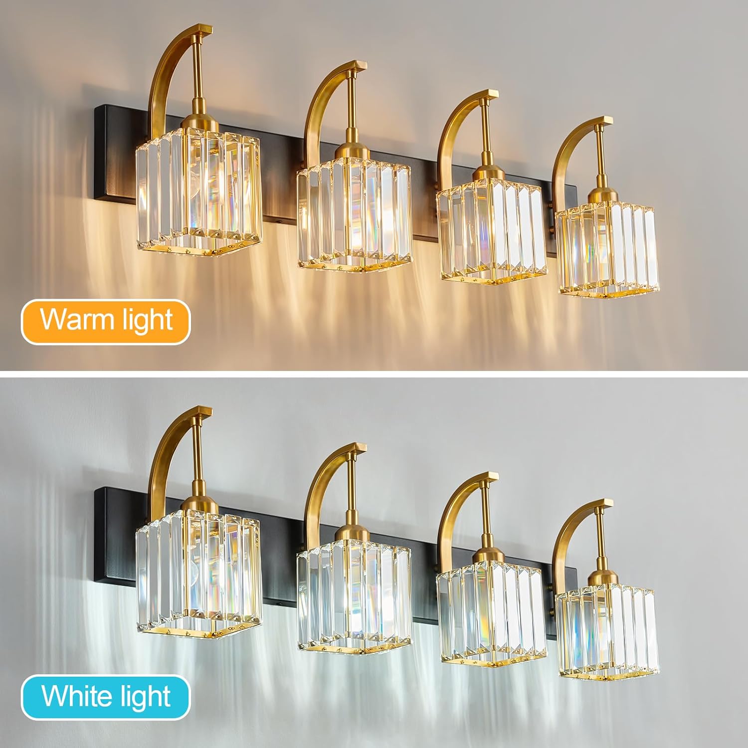 Crystal Vanity Lights 4-Light Black Gold Bathroom Vanity Lights Modern Crystal Bathroom Light Fixtures Over Mirror 32.67" Long Vanity Light for Bathroom