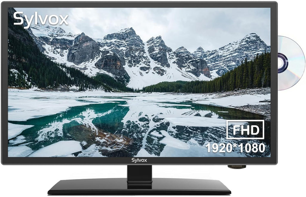 SYLVOX 24'' TV 12/24 Volt TV 1080P FHD, with Digital Video Disc Player FM Radio Base and Digital Noise Reduction, Suitable for RV Camper Kitchen Bedroom Boat