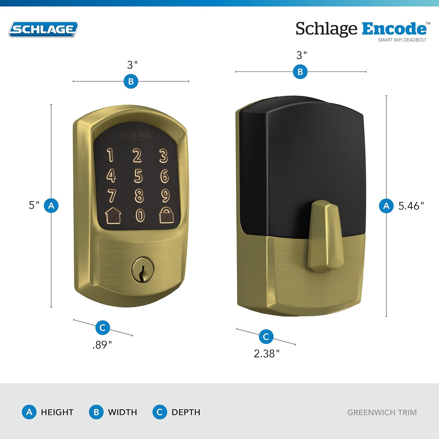 Schlage Encode Smart WiFi Deadbolt Lock for Front Door - Keyless Entry with App or Touchscreen - Compatible with Alexa, Hey Google, & Airbnb - Create Codes for Guests - Satin Brass Gold