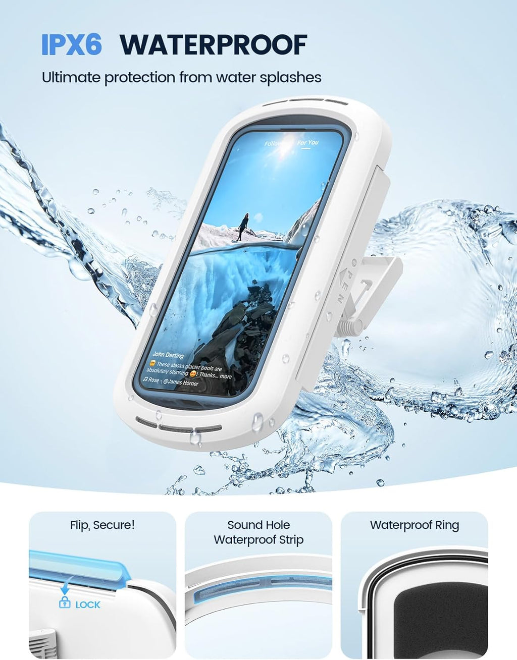 Lamicall Shower Phone Holder with Speaker Holes, IPX6 Waterproof Clear Sound & 480° Rotation Shower Case Accessories, Waterproof Bathroom Wall Mount for iPhone 17 16 Pro Max Air, S25 Ultra, 4-7" Phone