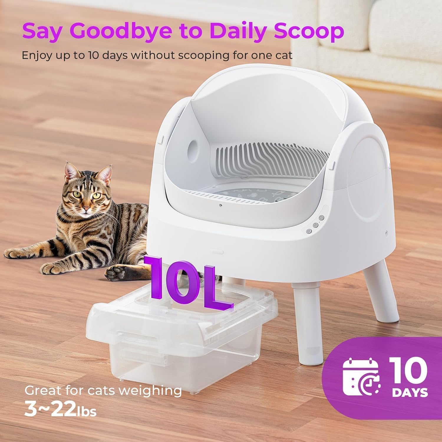 PetPivot Self Cleaning Litter Box, Open Top Automatic Litter Box for Multiple Cats, Multiple Layer Safety Protection, Liners and Mat Included, White