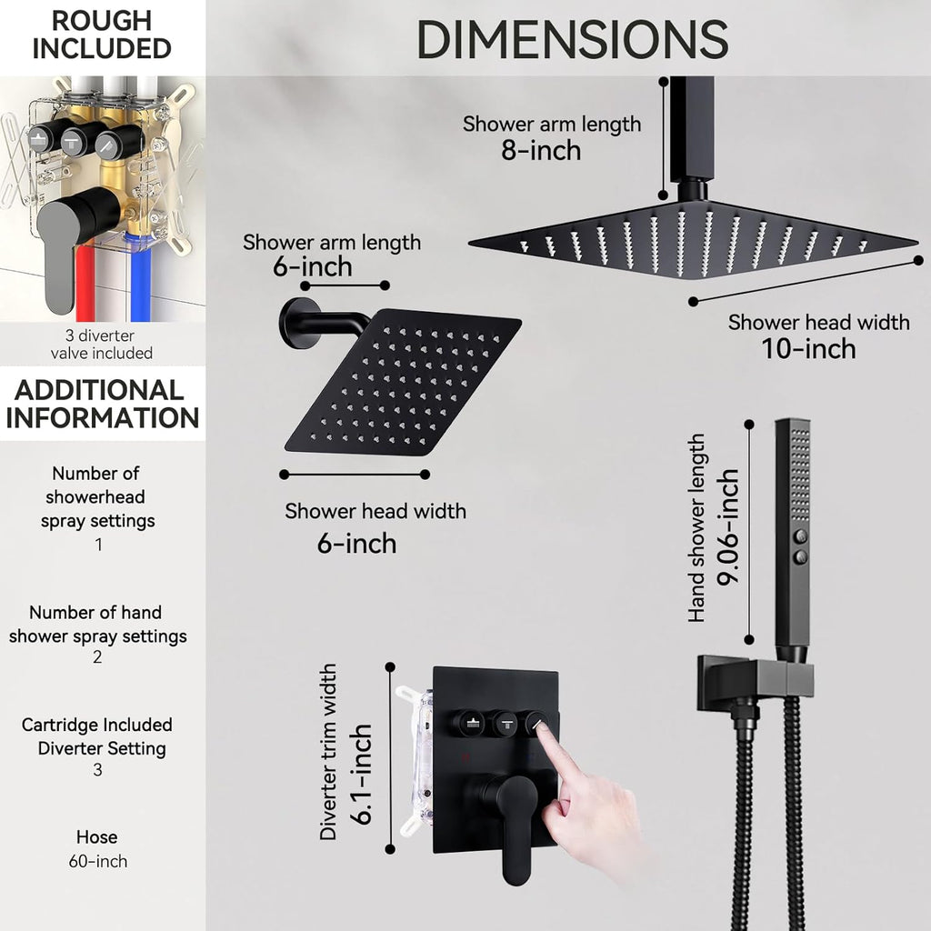 Shower Faucet Sets Shower System, 2 Head Shower System Rain Showerhead for Two People, Ceiling Mount Shower Fixtures with On Off Button Valve Body and Trim Kit Complete, 10+6" Matte Black
