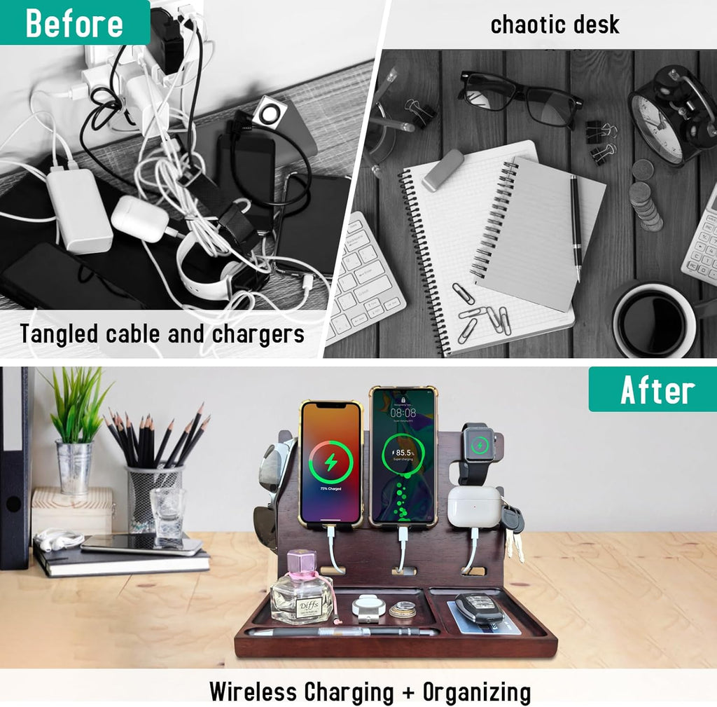 Wood Phone Docking Station for Men Nightstand Organizer Charger with 4 USB PD & QC3.0 Fast Charging Station for Multiple Devices iPhone Samsung Google Android Anniversary Birthday Gifts for Him