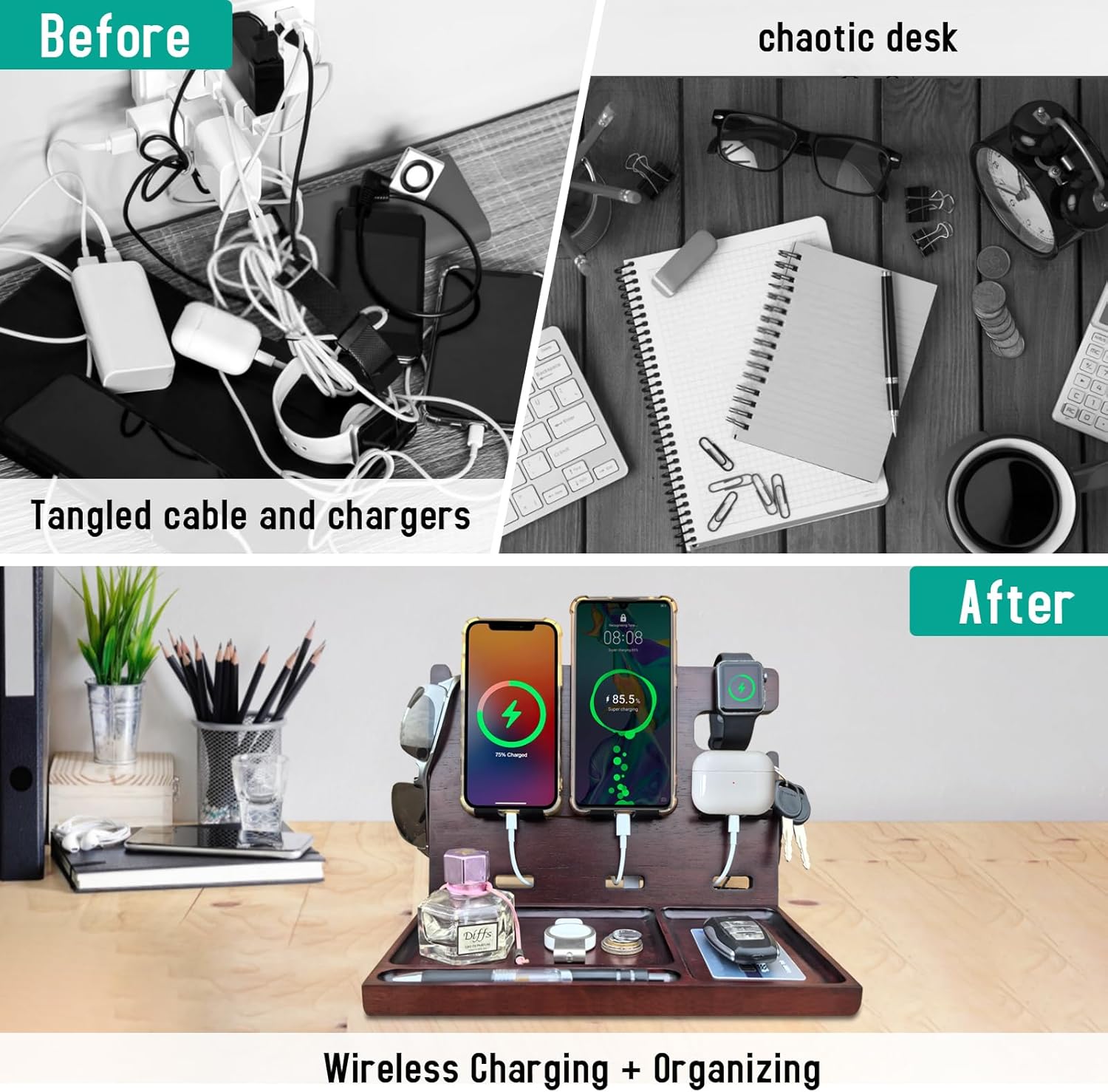 Wood Phone Docking Station for Men Nightstand Organizer Charger with 4 USB PD & QC3.0 Fast Charging Station for Multiple Devices iPhone Samsung Google Android Anniversary Birthday Gifts for Him