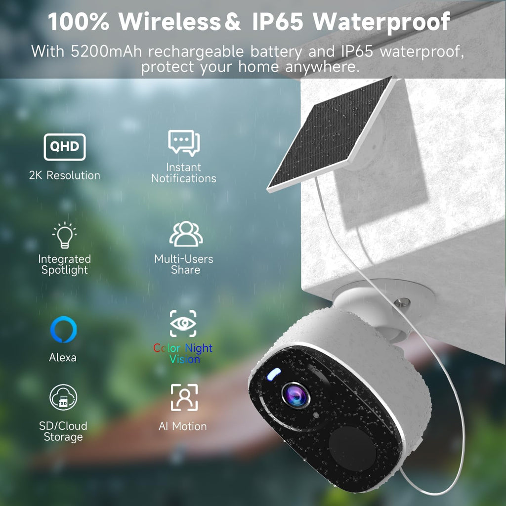 3pcs Solar Security Camera Wireless Outdoor, 2K WiFi Outdoor Camera for Home Security with Solar Panel, 24/7 Recording,AI Motion Detection,Color Night Vision, IP65 Waterproof, 2 Way Audio,SD/Cloud