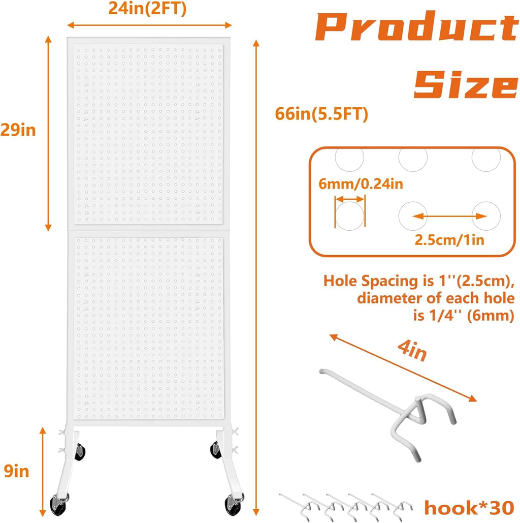 Royxen Metal Pegboard with 30 Hooks and Wheels,2 x 5.5 Feet Pegboard Display Rack, Standing Pegboard Display for Home and Store, White