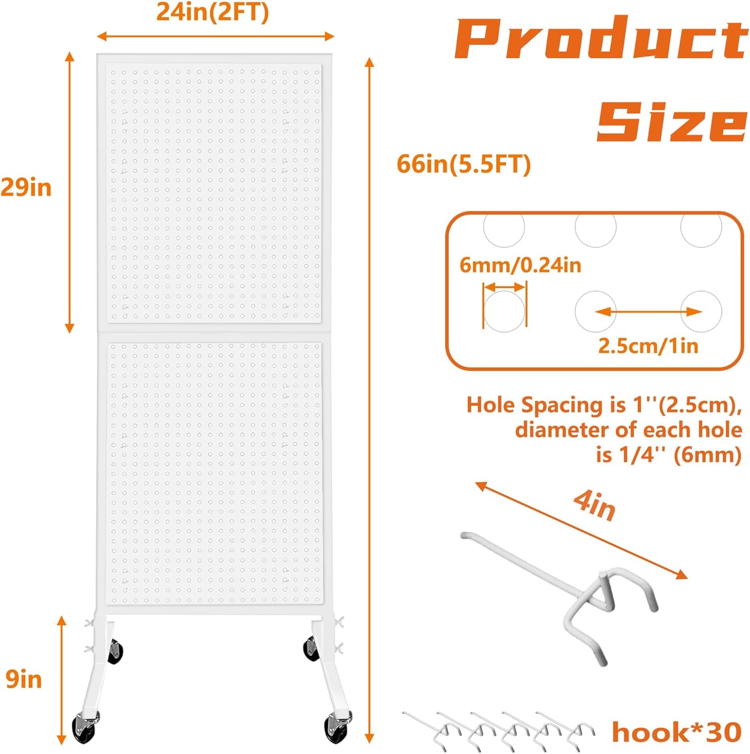 Royxen Metal Pegboard with 30 Hooks and Wheels,2 x 5.5 Feet Pegboard Display Rack, Standing Pegboard Display for Home and Store, White