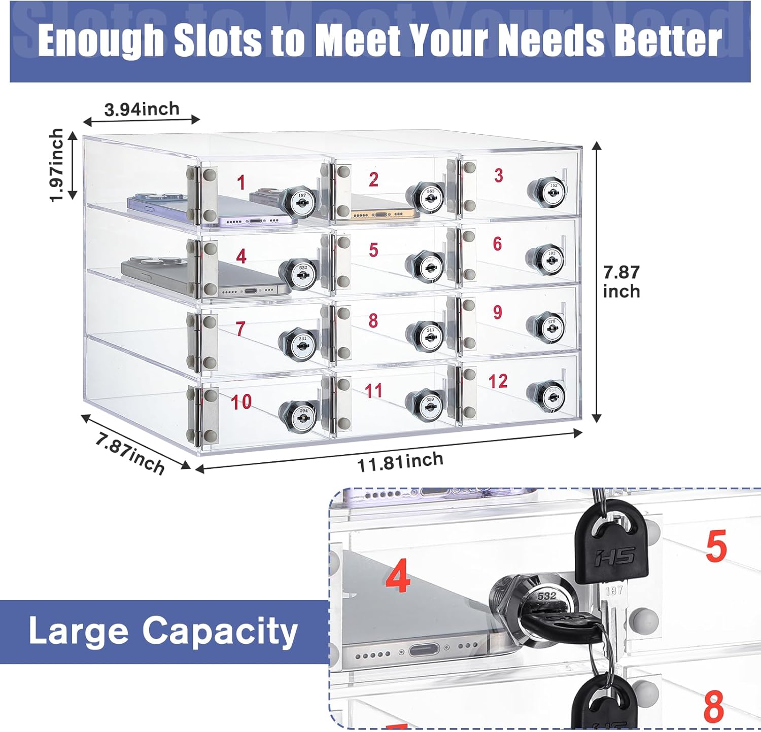 Layhit 12 Slots Cell Phone Locker Box for Classroom Clear Acrylic Cell Phone Storage Cabinet Bin with Door Locks for Classroom School Students Office Factory Employees