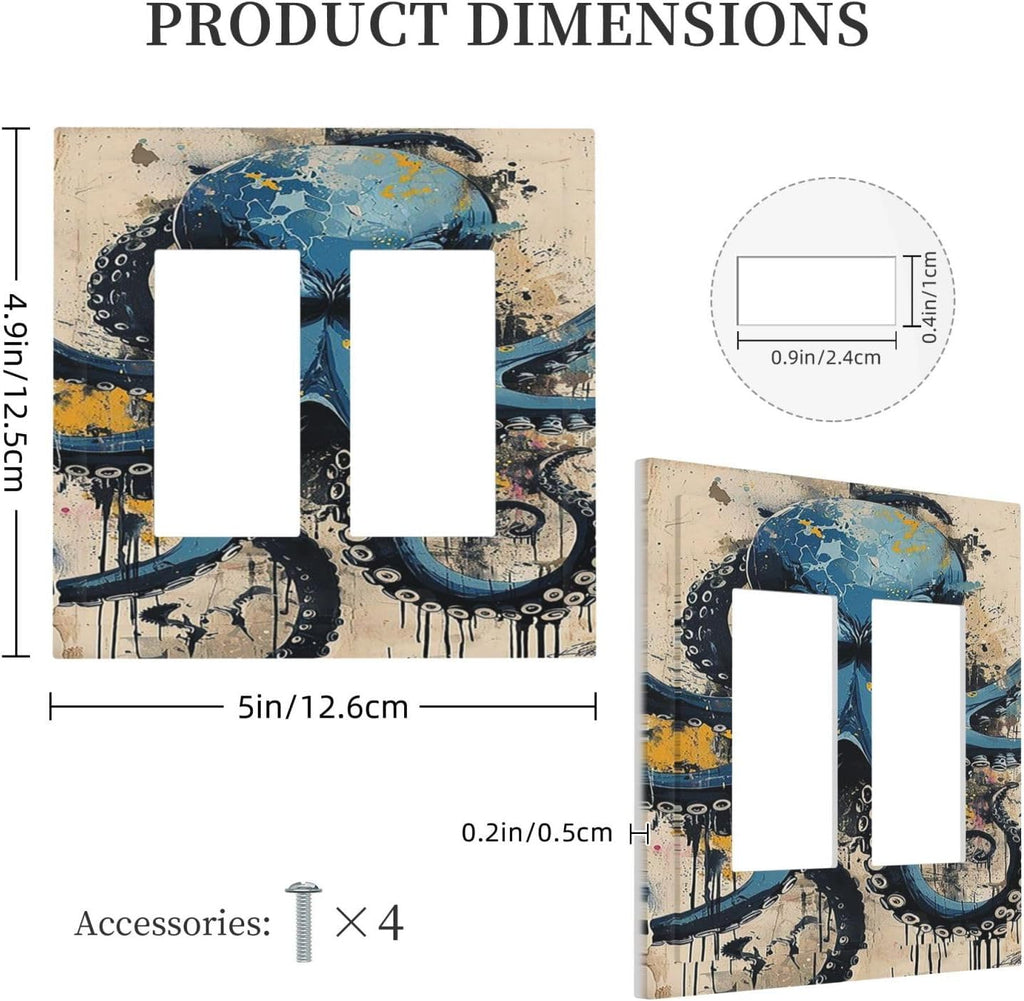 Decorative Outlet Covers Nautical Vintage Blue Octopus Yellow Eyes Oil Watercolor 2 Gang Double GFCI Rocker Electrical Wall Panels Light Switch Cover Plate for Kids room Nursery Decor