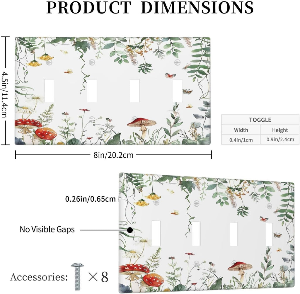 Light Switch Covers Sage Plant Red Mushroom Butterfly Wild Flower Quad Toggle Electrical Faceplate 4 Gang Wall Plate Decorative Switch Plates For Bed Room Kids Room Decor