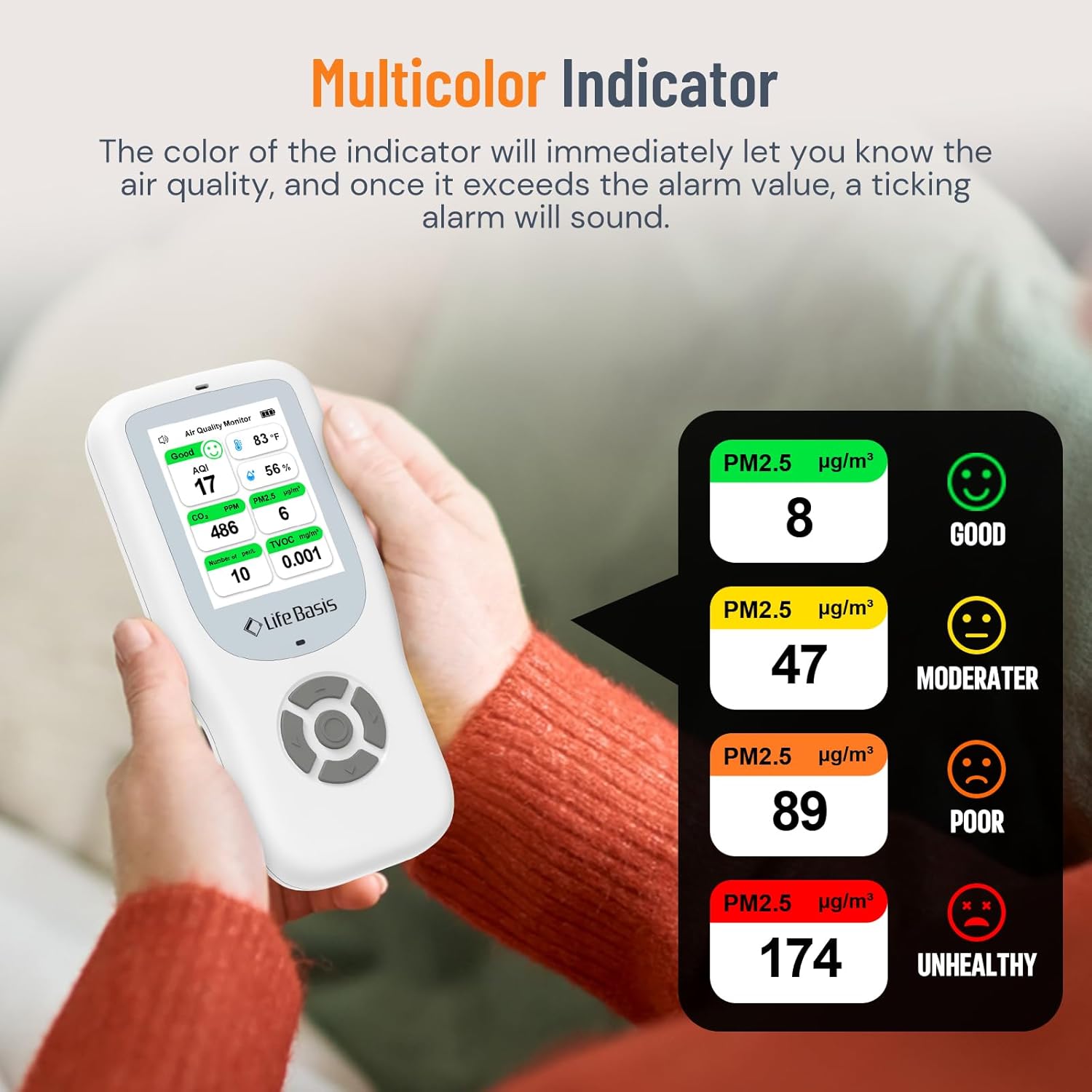 LifeBasis Air Quality Monitor Indoor, 10-in-1 Air Quality Detector with Stand, Real-Time Air Meter Test AQI, PM1.0, PM2.5, PM10, CO2, TVOC, HCHO, Particles, Temperature and Humidity with Alert -White
