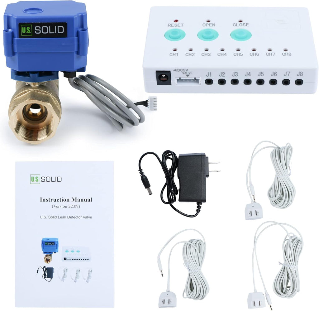 U.S. Solid Water Leak Detector - Water Leak Detect and Protect System with 1" Brass Motorized Ball Valve, Controller and 3 Sensors