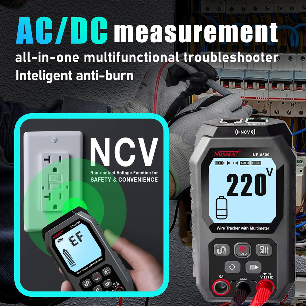 NF-8509 Network Cable Tester (with Multimeter Tester), POE/RJ45 RJ11 CAT5 CAT6 LAN/Ethernet Port Flashing, Anti-Interference TDR Network Tester/NCV Anti-Burnout AC DC Voltmeter Network Tool