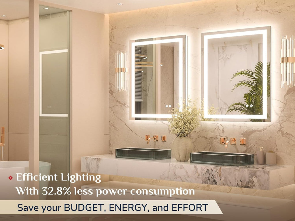 Keonjinn 24x32 Inch LED Bathroom Mirror with Light, Frontlit & Backlit, Lighted Mirrors for Bathroom Wall with Dimmable 3-Color Lights, Anti-fog Vanity Mirror with Tempered Glass, UL-Listed LED Driver