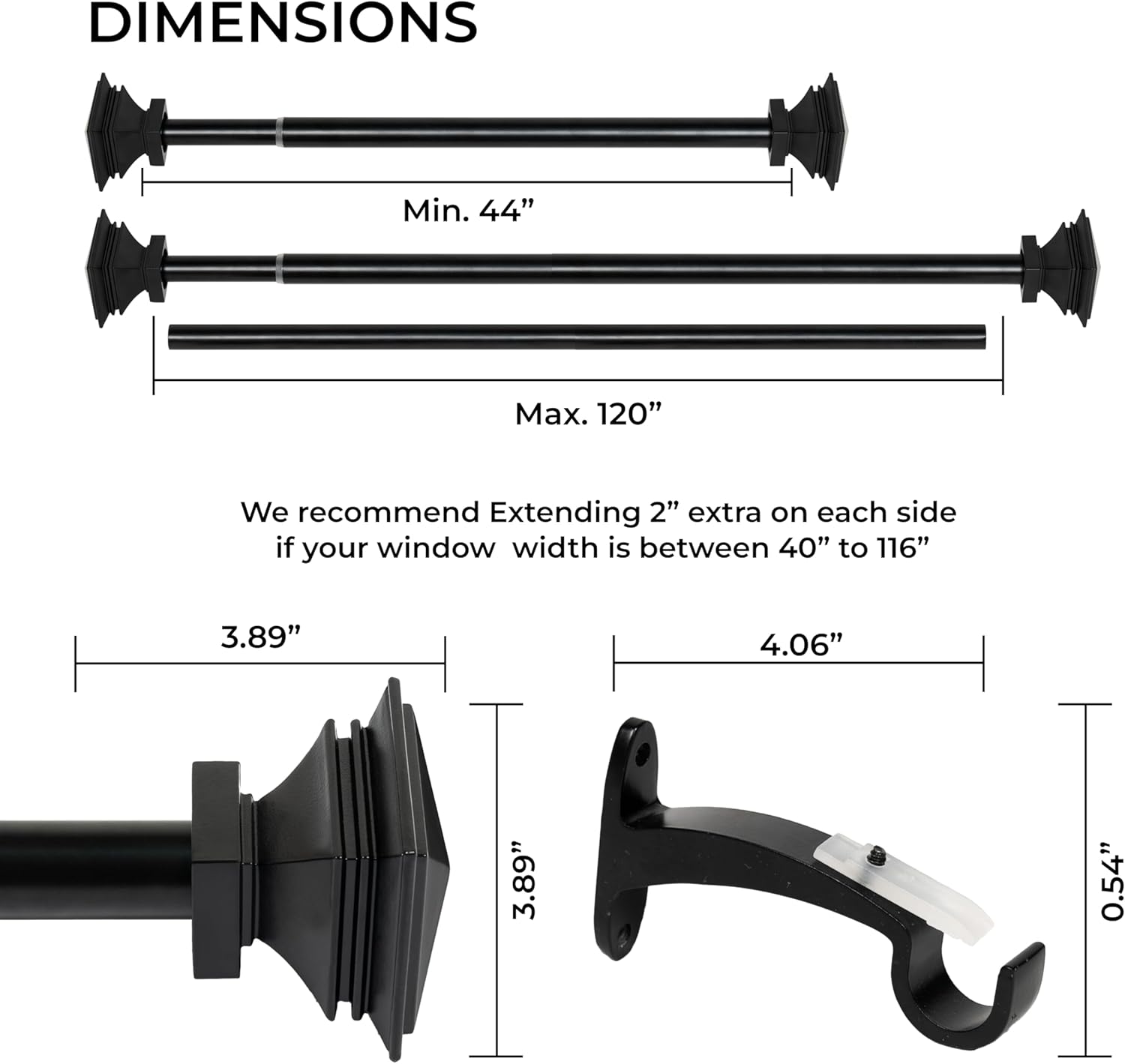Deco Window Adjustable Curtain Rod for Windows 44 to 120 Inch (Pack of 1) Extendable Heavy Duty 1 Inch Iron Drapery Pole with Finials Wall Mounted French Door Curtain Rods (Black)