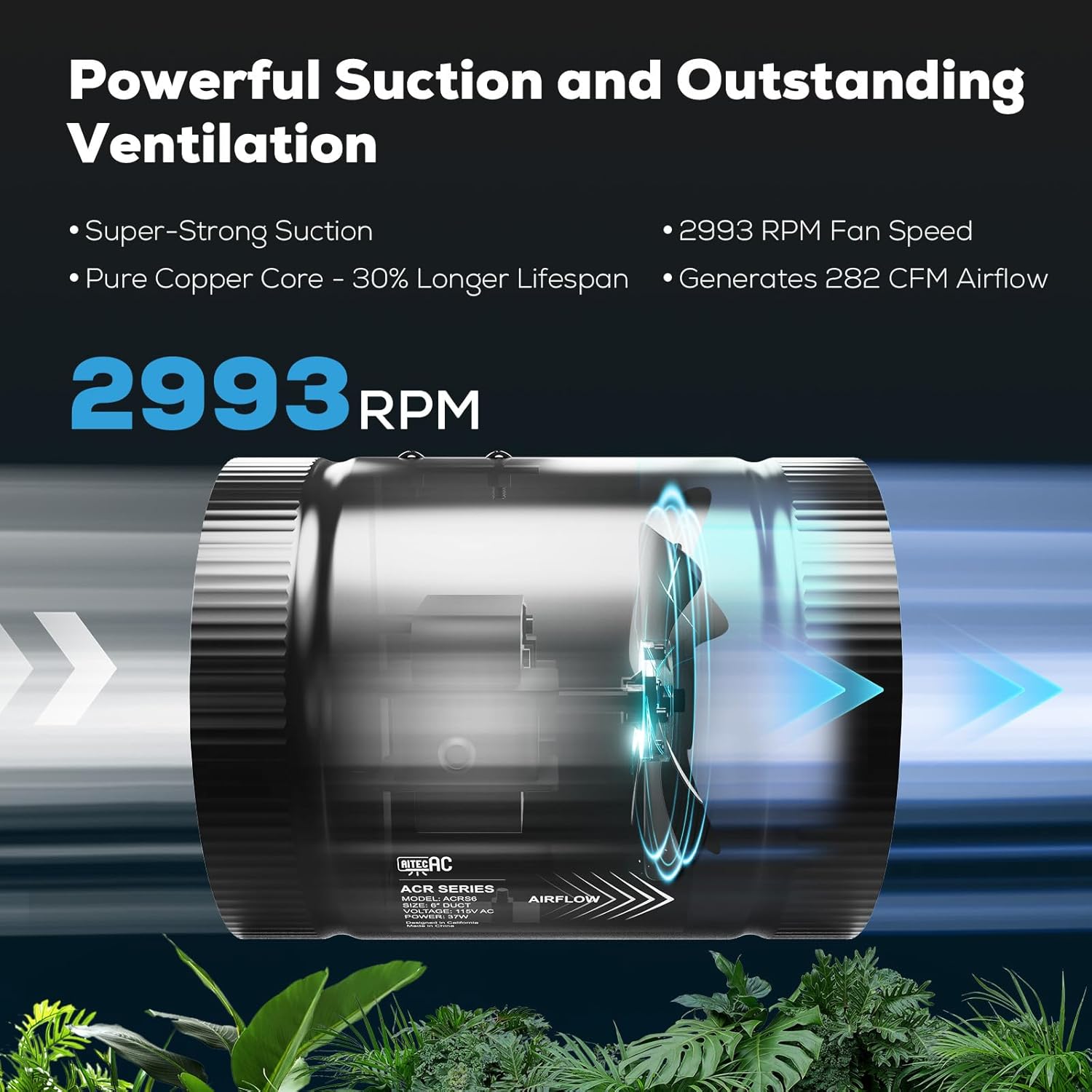 6 Inch Inline Duct Fan with Speed Controller - 282CFM High Airflow, Ultra Quiet 62.8dB for Grow Tents, Hydroponics, Ventilation, Exhaust - Energy Efficient 37W Inline Exhaust Fan