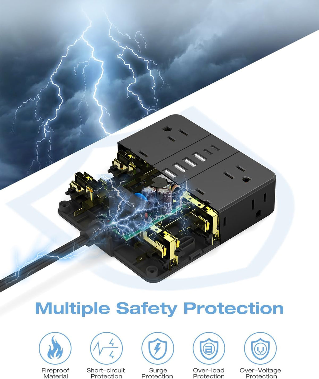 25FT Surge Protector Power Strip,12 AC Outlets with 6 USB Ports (2 USB-C), Flat Plug Extension Cord with Multiple Outlets, Wall Mount for Home Office,Dorm, Black