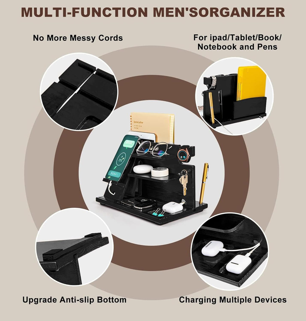 KOCWELL Wood Phone Docking Station, Gifts for Men, Nightstand Organizer Wood for Phone Tablet Earphones Watch Wallet Rings Pens Keys Notebook etc, Birthday Gifts for Men Husband Dad Boyfriend