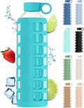 purifyou 40oz / 32oz / 22oz / 12oz Borosilicate Glass Water Bottle with Time & Volume Markers, Silicone Sleeve, Stainless Steel Lid | Reusable Glass Bottle for Water & Juice (32oz Aqua Blue)