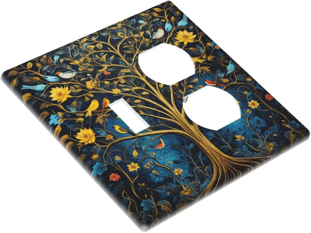 Decorative Outlet Covers Gold Tree of Life Blue Bird Yellow Flower 2 Gang Wall Plate Single Toggle Duplex Light Switch Cover Switch Plate Covers Faceplate for Bedroom Home Decor