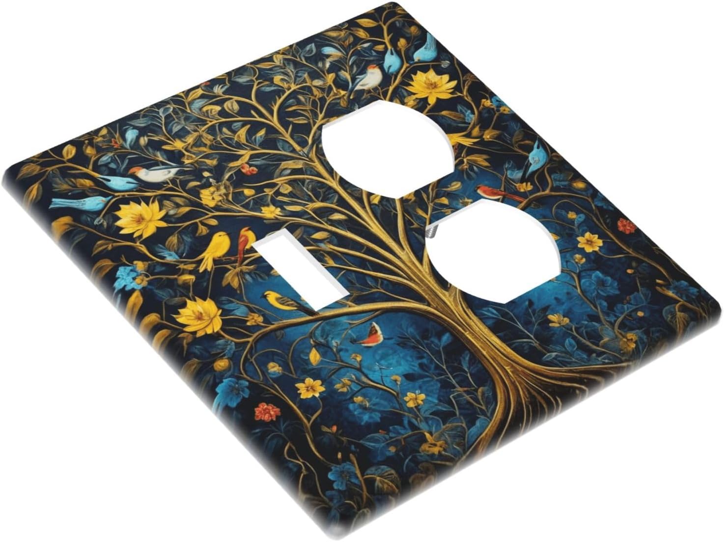 Decorative Outlet Covers Gold Tree of Life Blue Bird Yellow Flower 2 Gang Wall Plate Single Toggle Duplex Light Switch Cover Switch Plate Covers Faceplate for Bedroom Home Decor