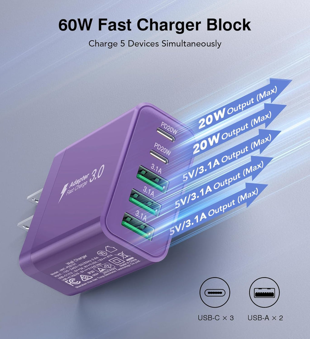 [2-Pack] USB C Wall Charger, 60W Fast USB C Charger Block, 5-Port PD Power Adapter + QC Wall Plug Multiport Type C Charging Block Cube Compatible with iPhone 17 16 15 14 13 12 Pro Max XR XS, Purple