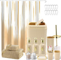 32PCS Bathroom Accessory Set Bathroom Accessories Set Beige Bathroom Set, Shower Curtain Set, 2 Piece Bath Towel Set, 3PC Soap Dispenser, Toilet Brush & Trash Can