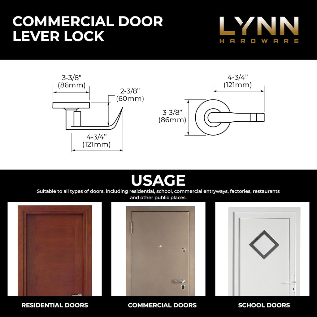 LYNN HARDWARE Commercial Door Lever Lock - Heavy-Duty Locking Door Handle, Designer Door Handles, Cylindrical Lever Lock, Non-Handed Grade 2 Door Handle, Satin Chrome, Storeroom Function