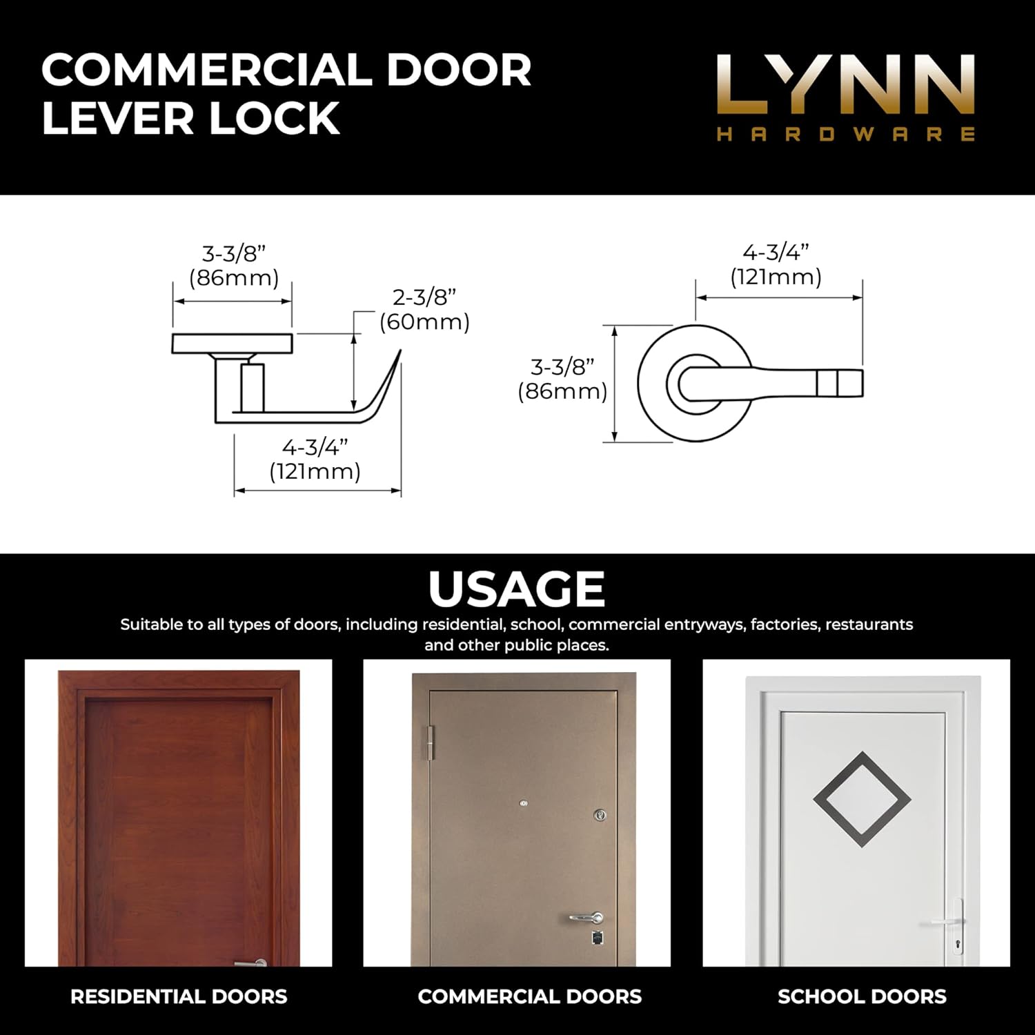 LYNN HARDWARE Commercial Door Lever Lock - Heavy-Duty Locking Door Handle, Designer Door Handles, Cylindrical Lever Lock, Non-Handed Grade 2 Door Handle, Satin Chrome, Storeroom Function